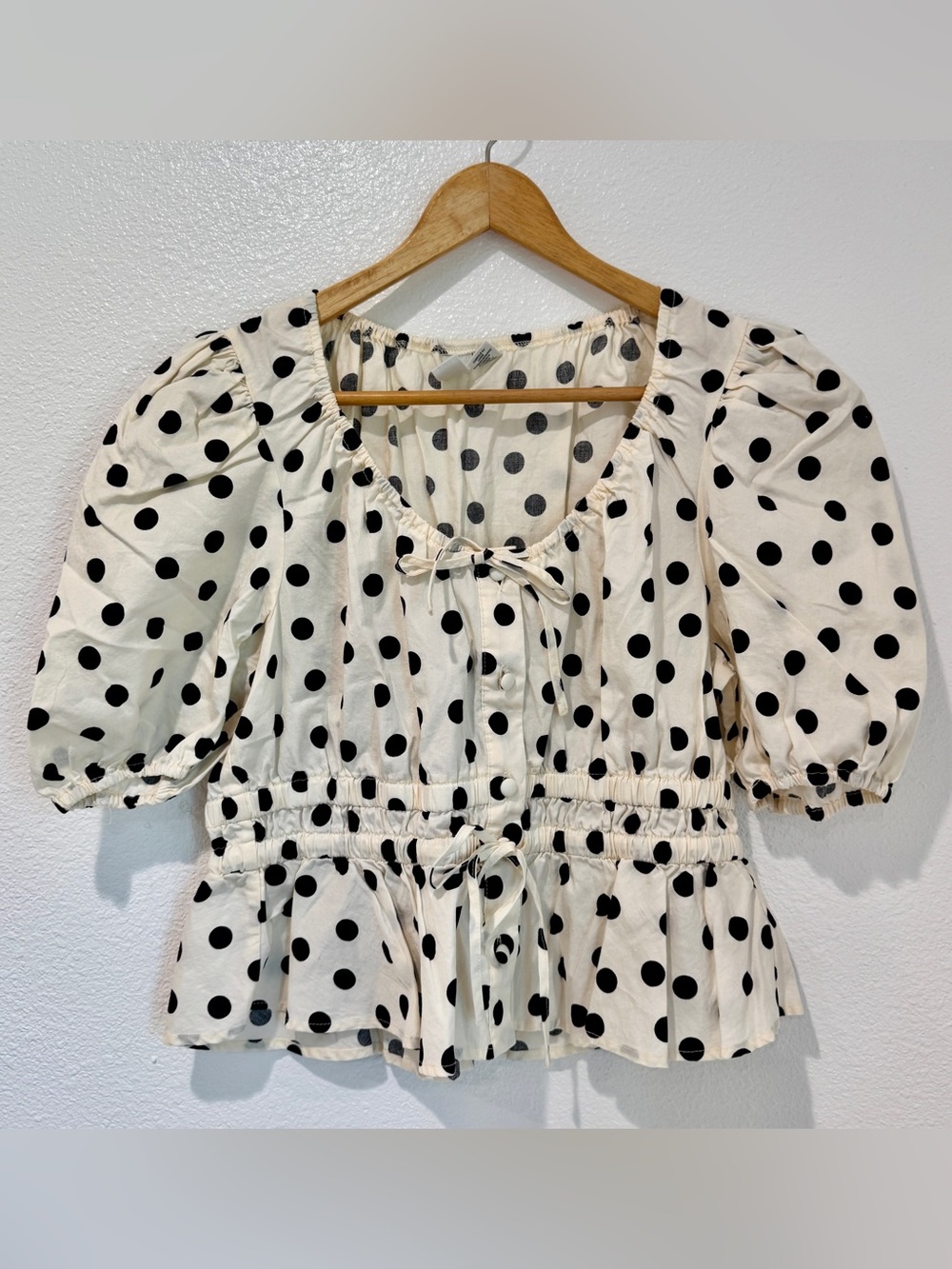 Joie Coquette Cream Black Polka Dot Cotton Puff Sleeve Smocked Peplum Top M